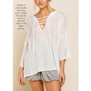 POL Women's Lace-up V-Neck Raw Edge Lightweight Knit Tunic Top Oatmeal Sweater